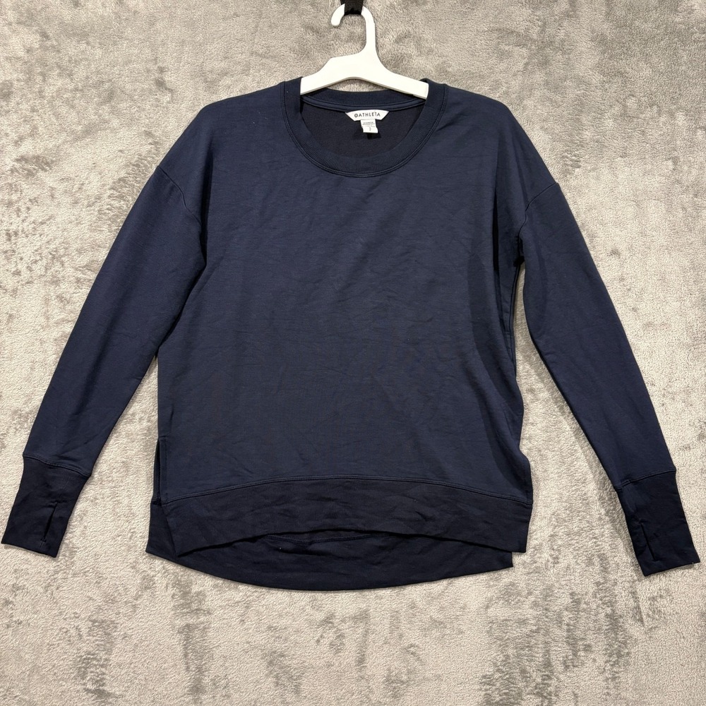 Athleta Coaster Luxe Sweatshirt Womens M Navy Blue Pullover Thumbholes Soft Cozy